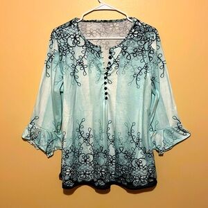 L Turquoise Blouse with Ornament and Front Buttons LongSleeve V-Neck Tunic Shirt
